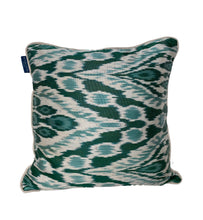 Load image into Gallery viewer, Green and Teal Silk Ikat Cushion